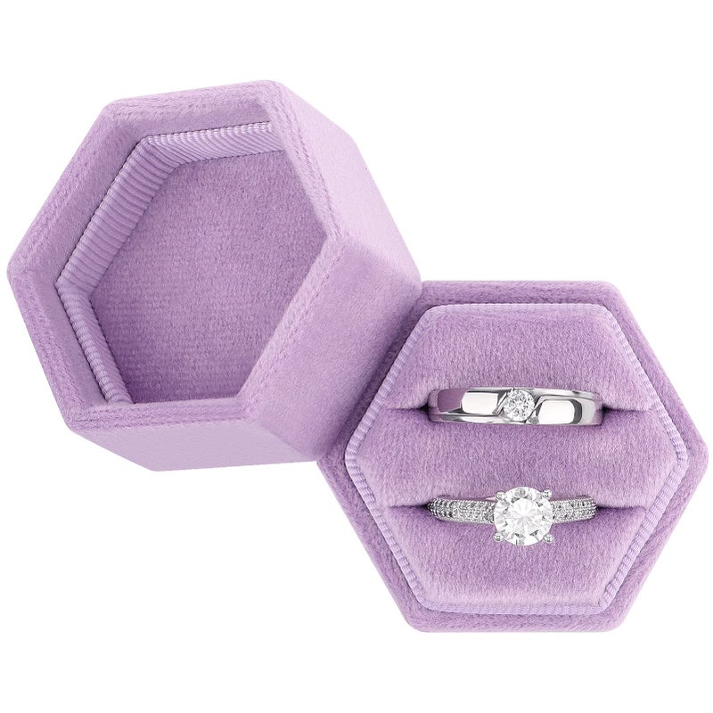 DesignSter Hexagon Velvet Ring Bearer Box - Premium Gorgeous Vintage Double Ring Display Holder with Detachable Lid for Proposal, Engagement, Wedding, Ceremony (Lilac) - Image 1